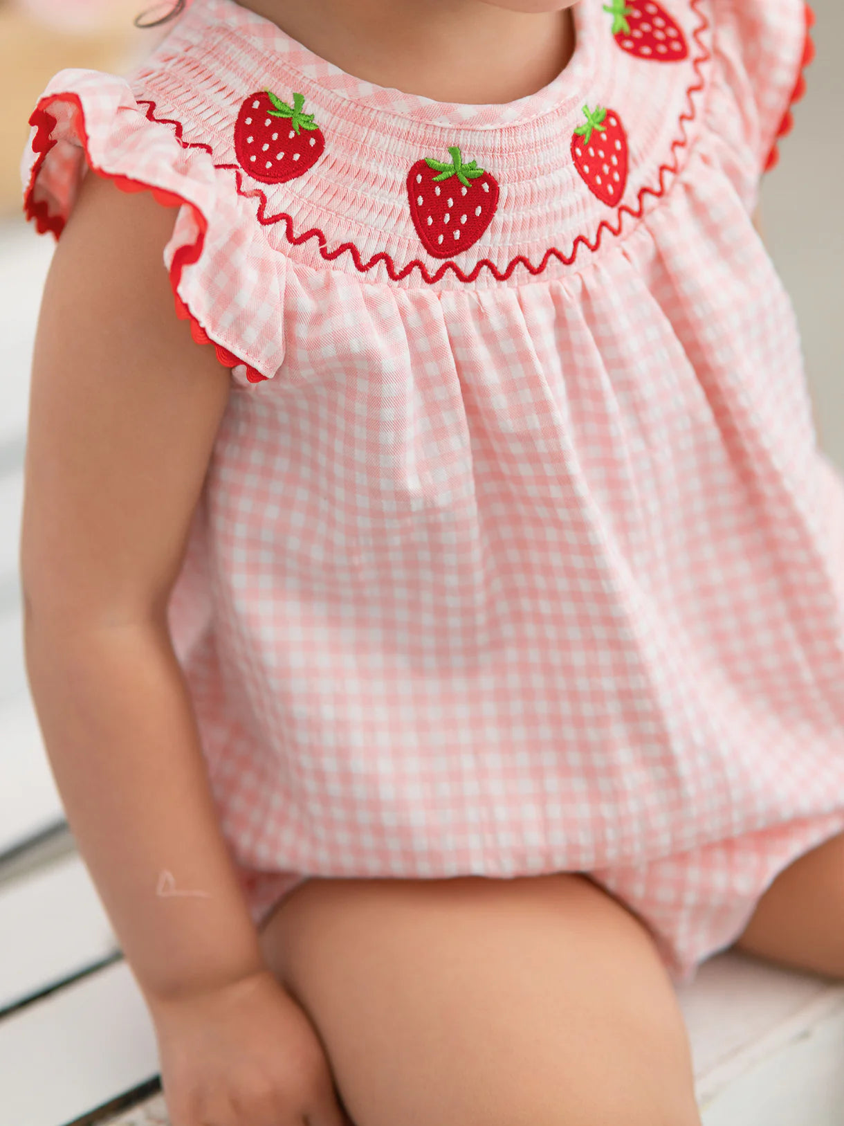 Strawberry Plaid Smocked Romper