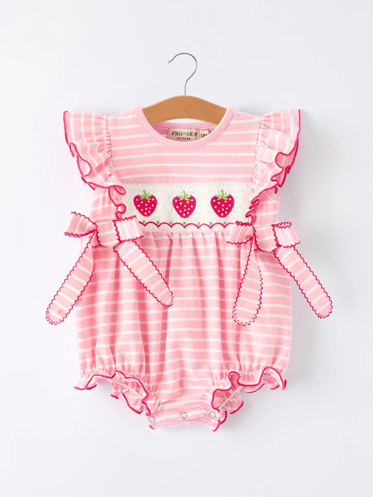 Strawberry Embroidery Pink Stripe Girl Smocked Romper