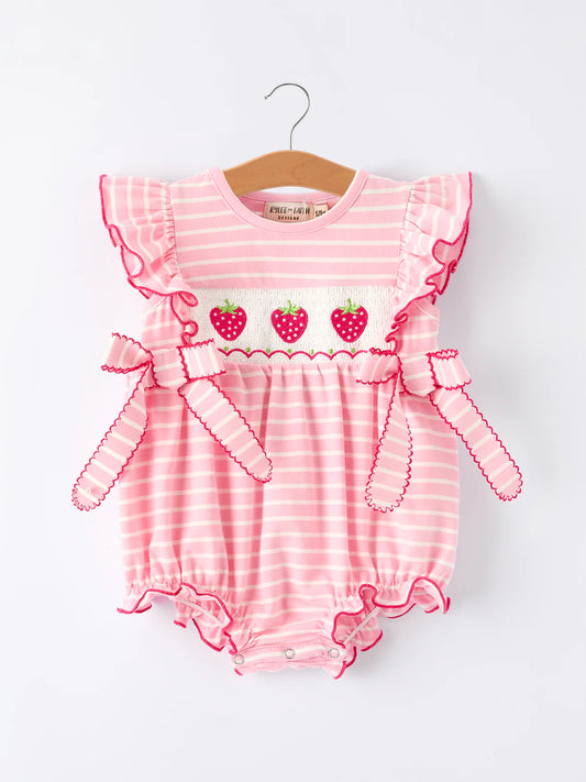 Strawberry Embroidery Pink Stripe Girl Smocked Romper