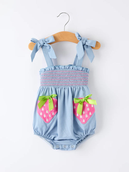 Summer Strawberry Smocked Applique Girl Romper