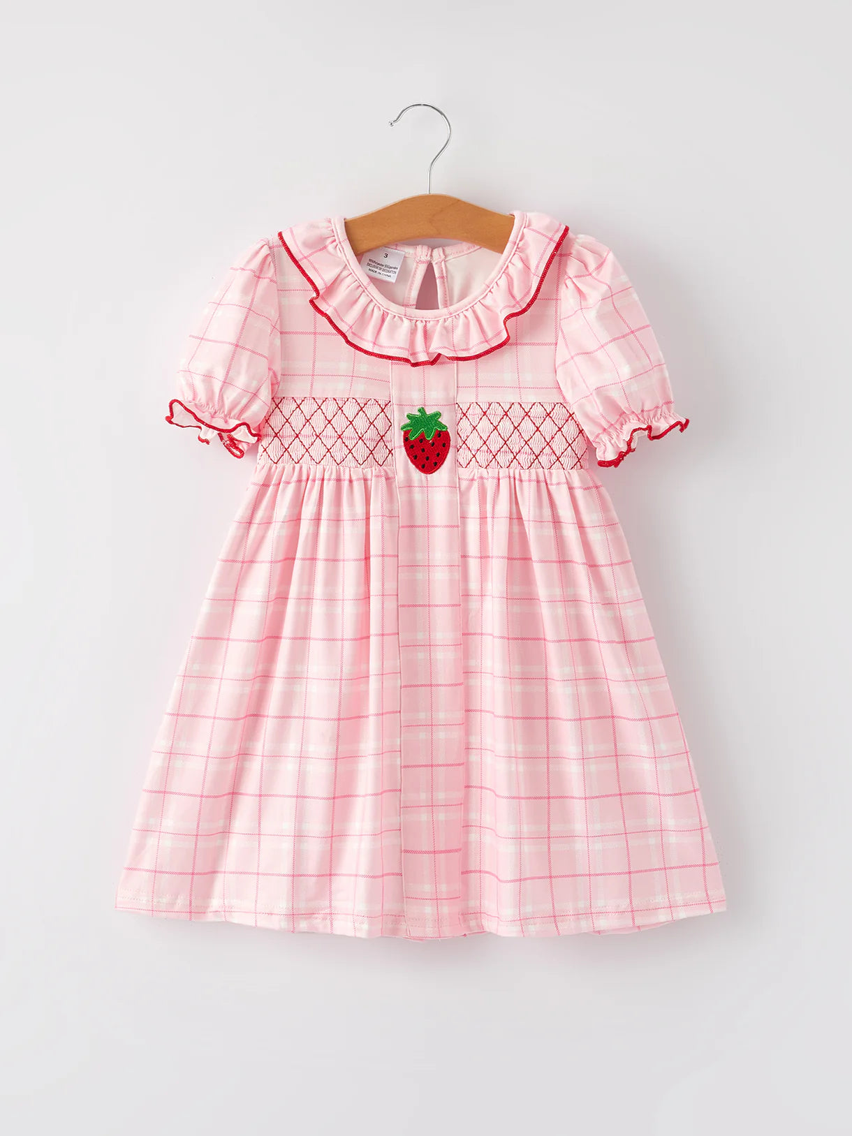 Strawberry Applique Girls Pink Plaid Dress