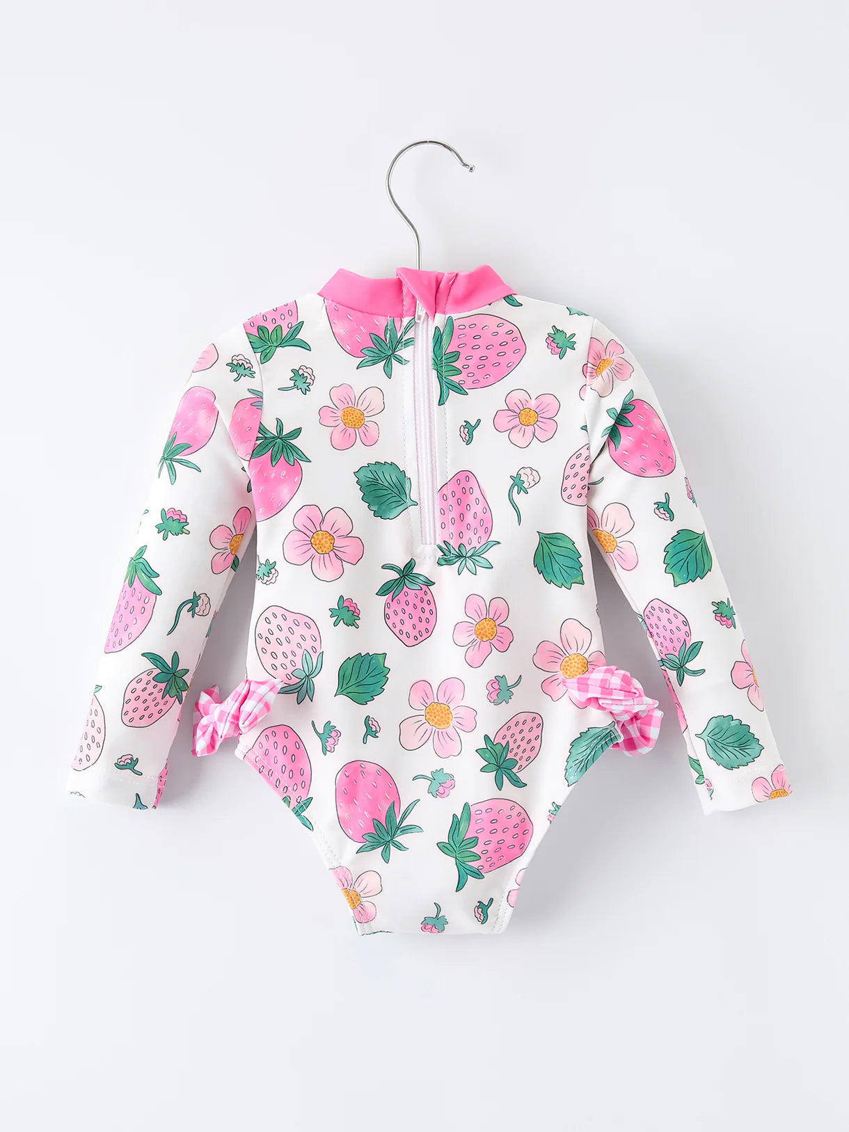 Strawberry Floral Print Long Sleeve Girls One Piece Swimsuit